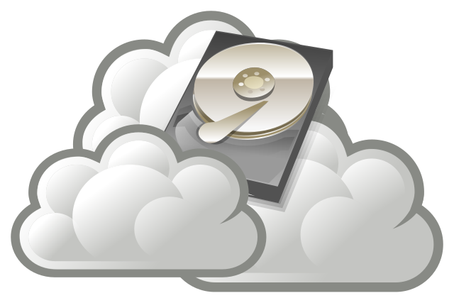 Illustration einer Wolke auf der eine geöffnete Festplatte liegt.