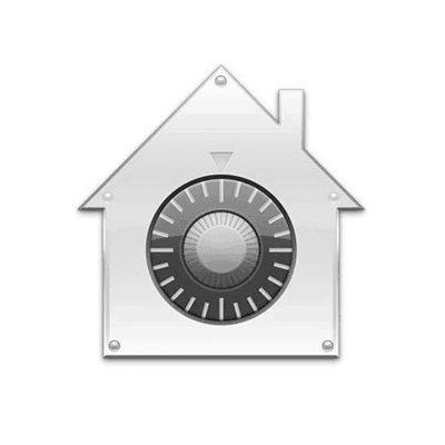 Logo FileVault: Ein Haus mit einem mechanischen Zahlenschloss, wie bei einem Safe